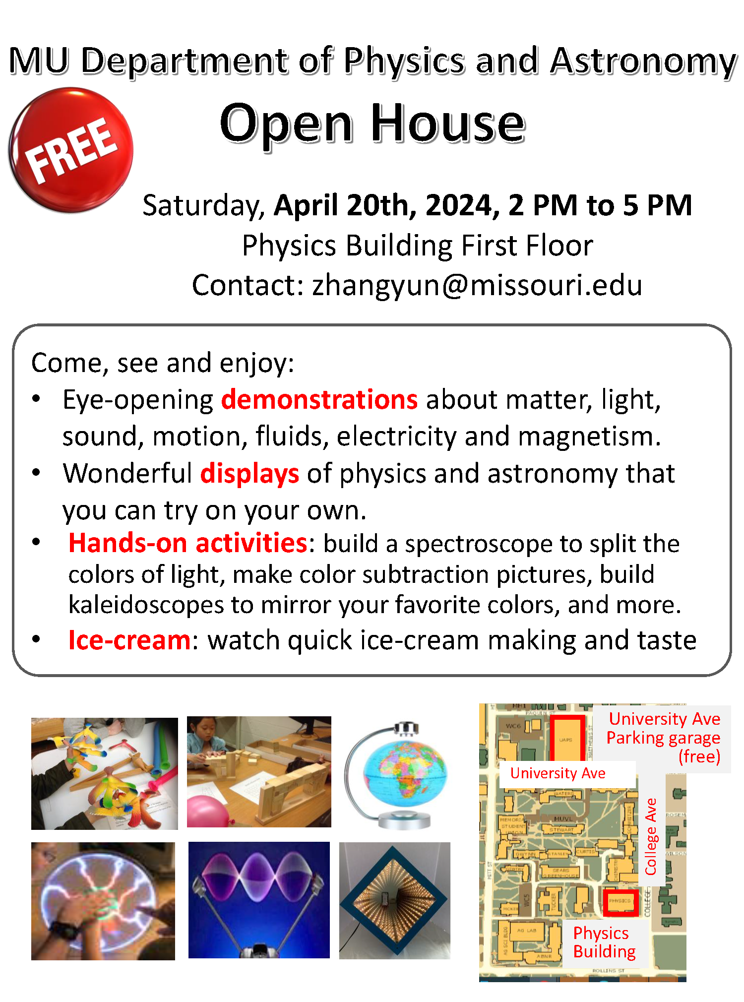 MU Department of Physics and Astronomy Open House Flyer April 20th, 2024