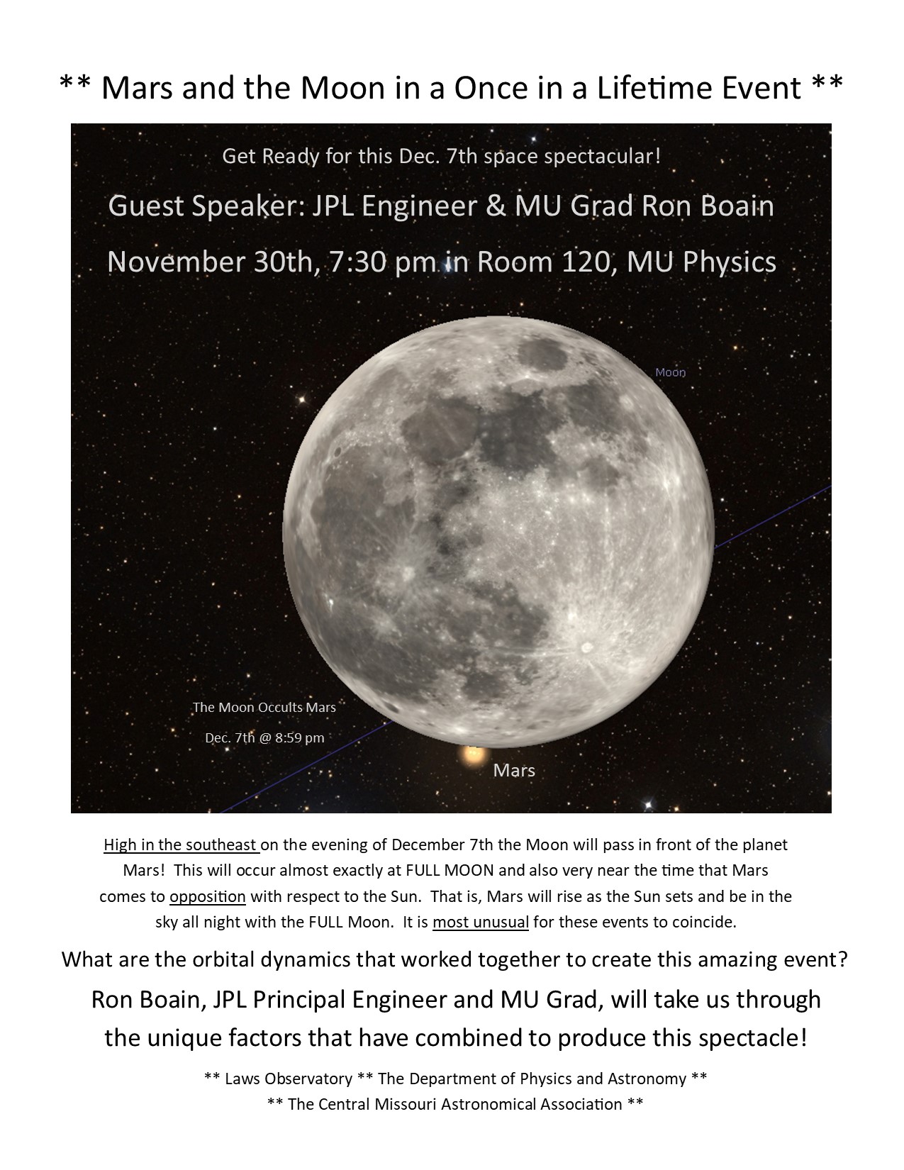 Public Lecture by Ron Boain on the Upcoming Lunar Occultation of Mars